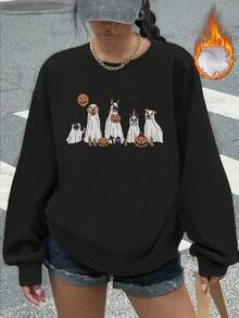 Felpa casual da donna con vestibilità morbida e rilassata, in tessuto confortevole per uno stile casual di tutti i giorni, perfetta per l'autunno/inverno, con design a tema Ognissanti con stampa adorabile di un cucciolo fantasma, progettata per giovani donne, scorte limitate, il regalo perfetto per lei