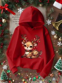 Damen Rot Kapuzen Langarm Top mit Weihnachtselementen und buntem Rentier Muster, geeignet für Herbst/Winter und Neujahrsbekleidung. Damen Große Größen bequemer Kapuzenpullover, Winterbekleidung, Herbstkleidung, Pullover für kurvige Figuren. - Rot - Übersicht 5