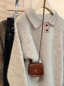 女式 Polo 领插肩袖休闲宽松针织毛衣，秋冬 - 黑色 - 查看 3