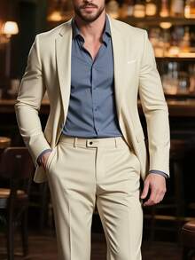 Men's Suits, Men's Business Casual Style, Including Solid-Color Suit Jackets And Trousers. Elegant Men's Suits, Suitable For Work Commuting, Casual Occasions, Weddings, Dances, And Business Venues. - 米色 - 查看 1