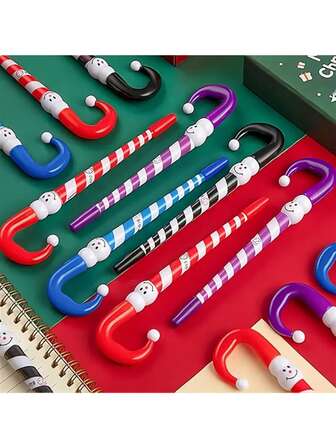 12pcs Christmas Pens (Without Refills), Christmas Snowman Ballpoint Pen, Snowman Umbrella Cane Pen, Suitable For Christmas Party Supplies, School And Office Use, Random Colors.