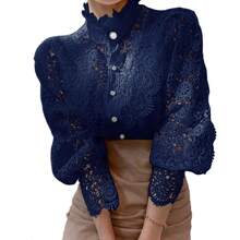 Women's Lace Blouse, Long Sleeve Shirt With Lace Buttons - Màu xanh hải quân - Xem 2