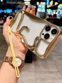 Fashionable New Champagne Electroplated 3D Creative Interesting Hollow Breathable Mini Snake Phone Case With Metal Triangle Pad, Silicone Lanyard, Compatible With Iphone 16 Pro Max/Compatible With Iphone 15/Compatible With Iphone 17 Pro Max - Gold - View 4