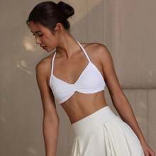 Popular Camisole Bra, Women's Backless Spaghetti Strap Sports Bra, Light Support, Cropped Workout Top, Seamless Pleated Yoga Bra Pad - White - View 10