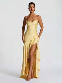 Vestido de tirantes con abertura y volantes en el bajo, de unicolor y sexy para mujer - Amarillo - Ver 4