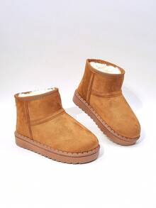 1 Pair Of Children's Snow Boots With Brown, Black, Pink Plush Lining And Suede Lining For Warmth And Anti Slip. Short Top, Flat Heel, Simple, Casual, Comfortable And Fashionable. Children's Snow Boots For Winter Holiday Travel - Brown - View 3