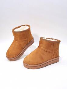 1 Pair Of Children's Snow Boots With Brown, Black, Pink Plush Lining And Suede Lining For Warmth And Anti Slip. Short Top, Flat Heel, Simple, Casual, Comfortable And Fashionable. Children's Snow Boots For Winter Holiday Travel - Brown - View 4