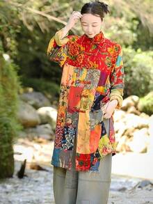 LUZU JUNU Women's Trench Coat Floral Print Long Cotton Linen Jacke Cottagecore Clothing Patchwork Outwear Bohemian Unique - 黃夾克 - 查看 7