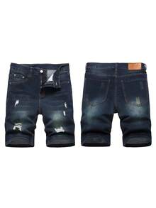 1-Pack Men's Slim Stretch Denim Shorts, Ripped Skinny Denim Shorts, Men's Stylish Street Straight Comfortable Stretch Shorts - 深藍色 - 查看 2