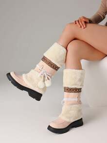 Women's Winter Furry Knee High Snow Boots Fashion Platform Chunky Heels Warm Faux Fur Lining Pull On Casual Comfy Boots Woman - 粉色 - 查看 4