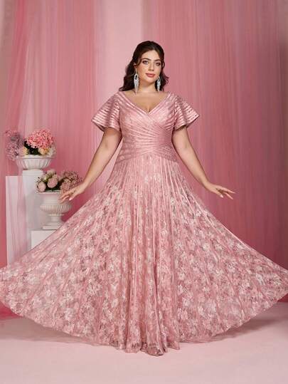 Mgiacy,New Arrival,V-Neck, Print, Lace, Tie, Lotus Leaf Sleeves, Big Swing, High-End, Evening Dress,FOR,Prom Wedding,Party Dress,Wedding Guest Dress, Evening Dress