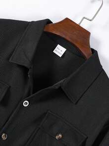 2 件男士休闲纯色双口袋翻领衬衫长袖 + 长裤两件套，轻便休闲运动度假装，春秋季 - 黑色 - 查看 4