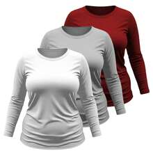 Kit 03 Plus Size T-Shirt Women's Long Sleeve Cotton Round Neck Blouse - 白色 灰色 紅色 - 查看 1
