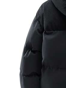 1 件男士灯芯绒拼接连帽棉服，适合日常休闲穿着，冬季棉服 - 黑色 - 查看 7