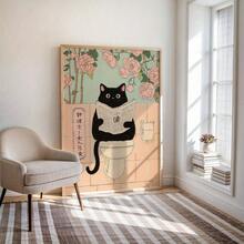 1 pièce Affiche murale d'art avec chat noir japonais drôle sur les toilettes - Impression moderne de salle de bain avec roses roses et verdure, décoration sur canevas sans cadre pour le salon, la chambre à coucher, la salle de bain - Cadeau unique pour les amateurs de chats, pendaison de crémaillère, décoration de salle de bain, accent artistique pour la maison