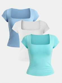 Kit 3 Women's Short Sleeve Suplex Blouse Cold Mesh Basic Blouse - Aqua Green, White and Baby Blue - View 1