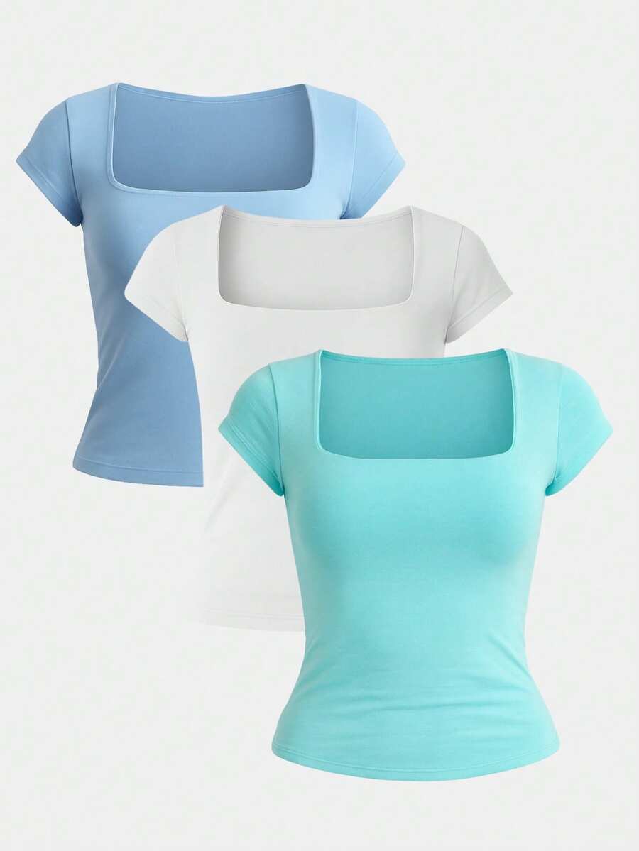 Kit 3 Women's Short Sleeve Suplex Blouse Cold Mesh Basic Blouse - Aqua Green, White and Baby Blue - View 1