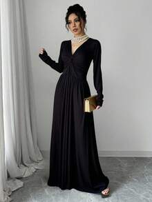 Vestido Sofisticado con Vuelo y Aberturas al frente manga larga escote v vestido formal elegante largo - Negro - Ver 5