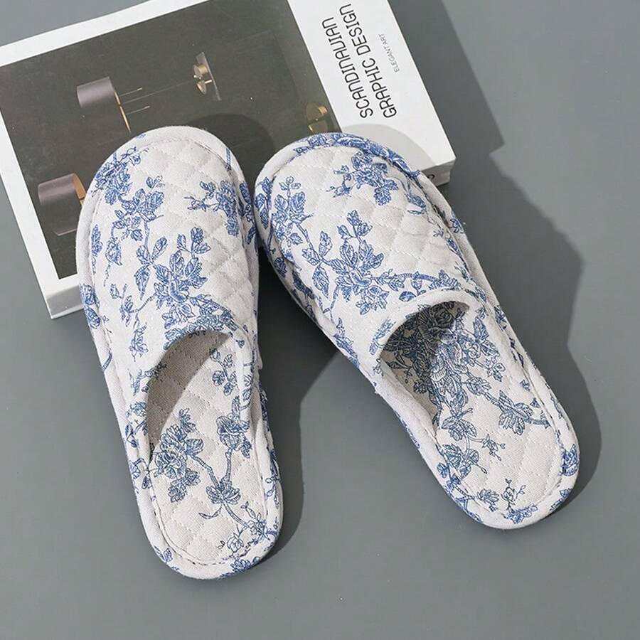 女士中式软底拖鞋，室内拖鞋，静音防滑布艺拖鞋 - 青花瓷 - 查看 1