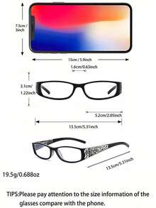 2pcs Rectangle Diamond Decorated Pattern Fashion Glasses, Suitable For Work, Computer Use & Daily Wear - 黑+黑 - 查看 9