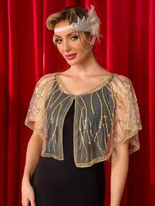 Women's 1920s Aesthetic Floral Embroidered Sequin Shawl Cape For Party And Evening - Multicolor - View 3