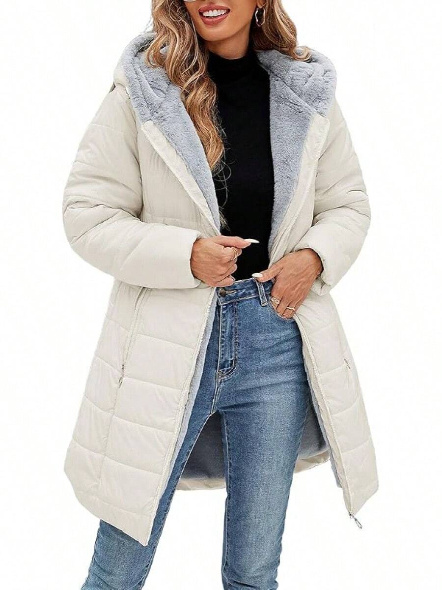 Chaqueta de plumas larga y ajustada para mujer, resistente al viento e invierno, con forro de piel para el esquí y el transporte - Beis - Ver 1