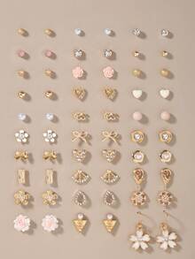 30 对什锦花朵、心形、水钻、蝴蝶结、泪珠、雪花、仿珍珠耳钉套装，时尚可爱的金属耳环，适合节日、休闲日常佩戴 - 彩色 - 查看 8
