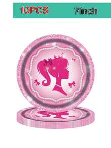 10件套粉色派对用品，公主主题派对装饰，包括餐盘、餐巾纸、桌布，适合公主娃娃主题生日派对、单身派对、新娘送礼会，可供10人使用。 - 彩色 - 查看 13