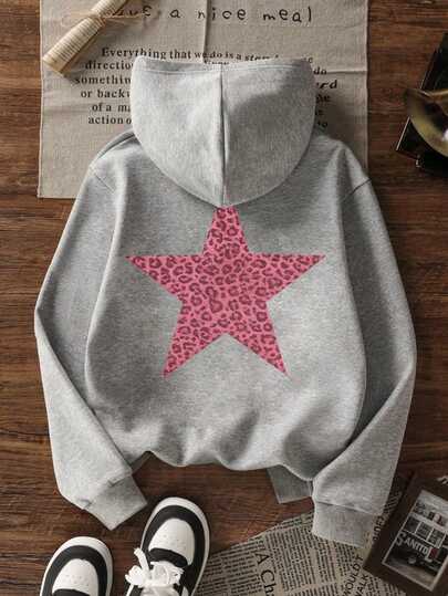 1 pieza Sudadera con forro térmico y estampado de leopardo y estrellas para niña preadolescente, parte superior de manga larga para estudiantes en otoño/invierno