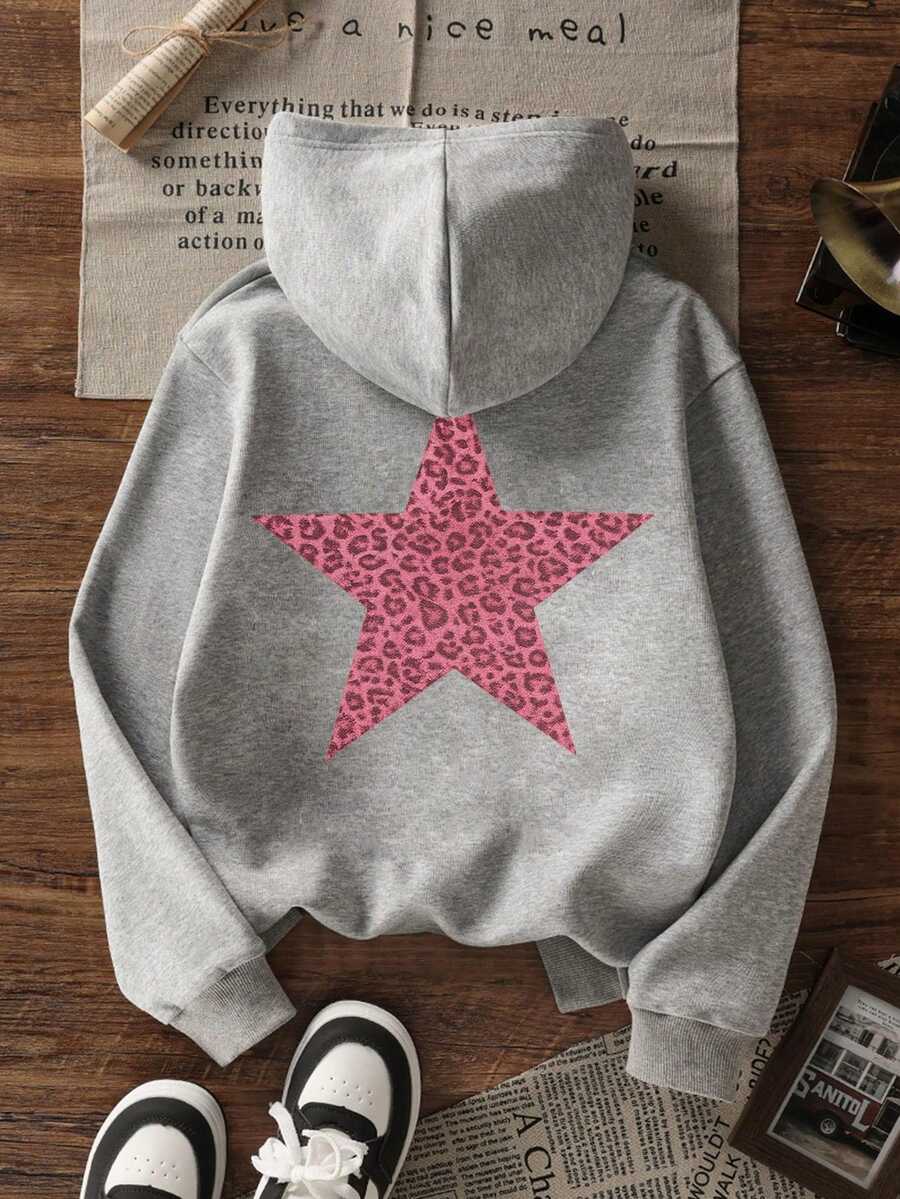 1件装少女保暖内衬豹纹星形印花卫衣,青少年学生秋冬长袖上衣 - 灰色 - 查看 1