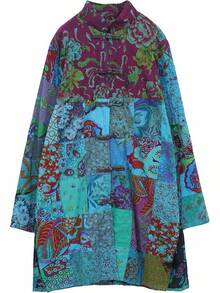 LUZU JUNU Women's Trench Coat Floral Print Long Cotton Linen Jacke Cottagecore Clothing Patchwork Outwear Bohemian Unique - 藍夾克 - 查看 2