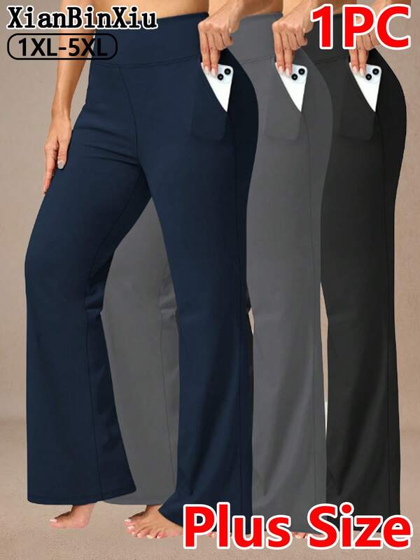 XianBinXiu 1pc Plus Size Women Navy Blue Flared Yoga Pants, High Waist Loose Fit Casual Yoga Leggings With Pockets