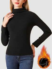 Women's Thermal Underwear Autumn Winter Warm Bottom Shirt Turtleneck Pullover Knitwear De Velvet Solid Color Pile Neck Tops - màu đen - Xem 2