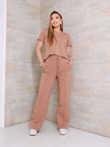 Women's Set Of Wide Leg Pants And Comfortable Sweatshirt Top, Summer - Desnudo - Ver 1