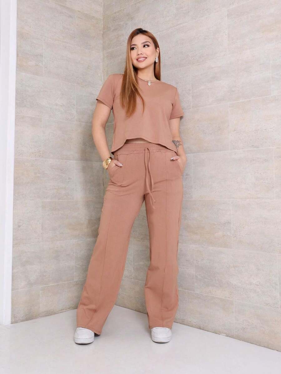 Women's Set Of Wide Leg Pants And Comfortable Sweatshirt Top, Summer - Desnudo - Ver 1