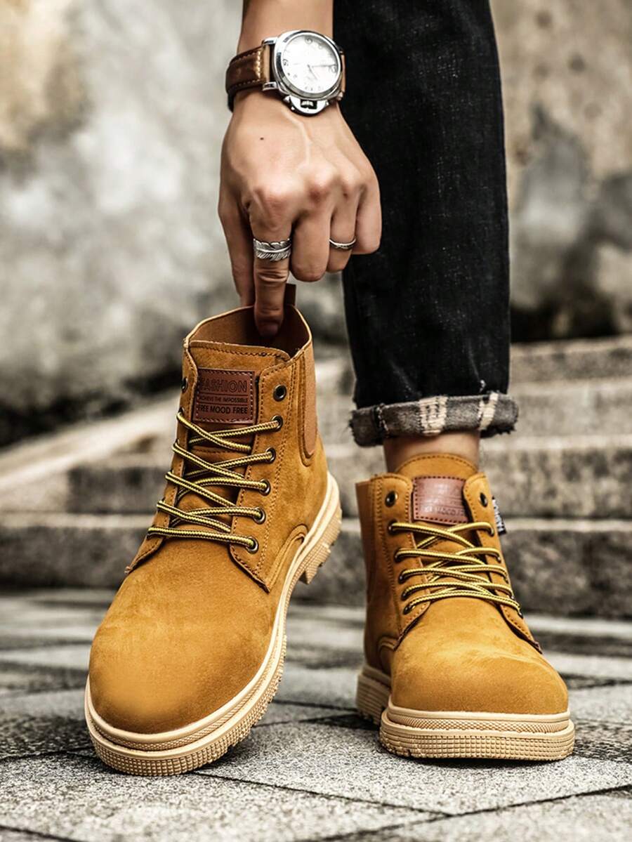 情侣靴，高帮圆头系带厚底低跟 PU 鞋，时尚英伦风格工作靴，休闲男靴，适合学生、中年、户外、徒步旅行、旅行、时尚、百搭西部靴 - 黃色 - 查看 1