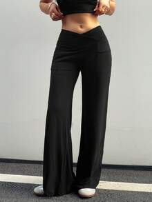 Calça feminina casual de cor sólida, tecido elástico alto, confortável, cintura em V, com bolsos laterais, perna larga e boca de sino