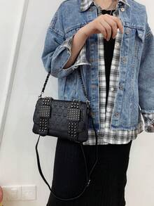 (Halloween) New Fashion Solid Color Multi-Compartment Shoulder Bag, Versatile High-End Skull Embossed Design, Unique Rivet Decor Detachable Adjustable Magnetic Flap Crossbody Bag, Suitable For Outing, Dating, Shopping, Commuting/Work, Office Daily Matching, Gift Giving.