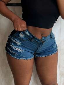 Va Va Voom Women's Dress Hole Denim Shorts Hot Pants - Rửa trung bình - Xem 7