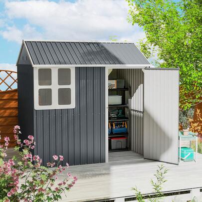  Outsunny 7 X 6 Ft Garden Shed, Metal Shed With Single Door, Window And Air Vents, Galvanised Outdoor Lockable Tool Storage House, Dark Grey