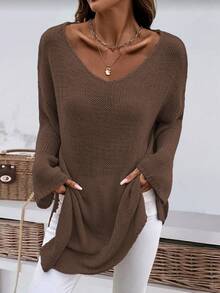 大码纯色圆领休闲宽松侧开衩不对称下摆针织套头毛衣 春季 - 咖啡棕 - 查看 4