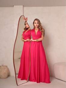 Marianela Long Helanca V-Neck Dress For Bridesmaid Party, Graduation, Guest, Evening Event - Màu Hồng Tươi - Xem 6
