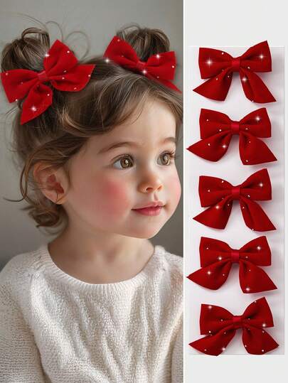 5 Stücke/Set Mädchen Kinder Stoff Schleifen Haarspangen, Haarklammern mit Strass, elegante Haaraccessoires für den täglichen Gebrauch, Weihnachten, Valentinstag