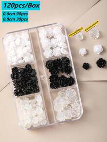 無味 120入 8mm+6mm 極光山茶花/玫瑰樹脂美甲飾品（透明/白色/黑色混色），簡約可愛設計，高光澤 3D 平底易貼附；適用於婚禮、節日及各種場合，可用於美甲設計（兼容梯形、法式杏仁、長/短、橢圓、方型指甲）與珠寶手工、畢業帽裝飾、手機殼 DIY；風格涵蓋日韓與歐美，四季通用美甲飾品，適合女性與兒童 - 彩色 - 查看 3