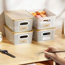 6-Piece Bamboo Covered Plastic Storage Basket, Large Capacity Storage Basket, Stackable Plastic Storage Container, Suitable For Home, Office, Game Room - Home Storage Box - 白色 - 查看 7