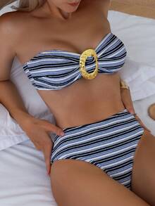 Striped Metal Ring Decor Bikini 2 Pieces Set, Suitable For Summer, Popular In Europe And America