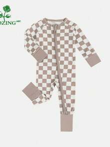 MIOZING Bamboo Fiber Fabric,Light Gray Checkerboard Bodysuit ,  Classic Checkboard Pattern Jumpsuit , Infant Long Sleeve Zip Up Romper,Unisex Outfit For Spring, Machine Washable, Perfect For Outdoor,Baby Clothes Girl,Baby Clothes Boy,Christmas,Halloween - 淺灰色 - 查看 2