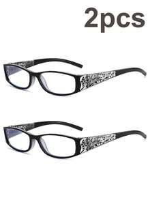 2pcs Rectangle Diamond Decorated Pattern Fashion Glasses, Suitable For Work, Computer Use & Daily Wear - 黑+黑 - 查看 7