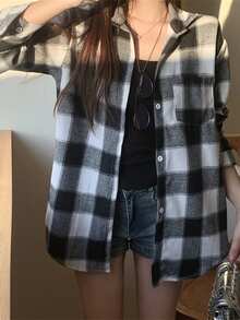 拉绒格子衬衫，新款时尚宽松复古中长款上衣，长袖夹克 - 黑色 - 查看 3