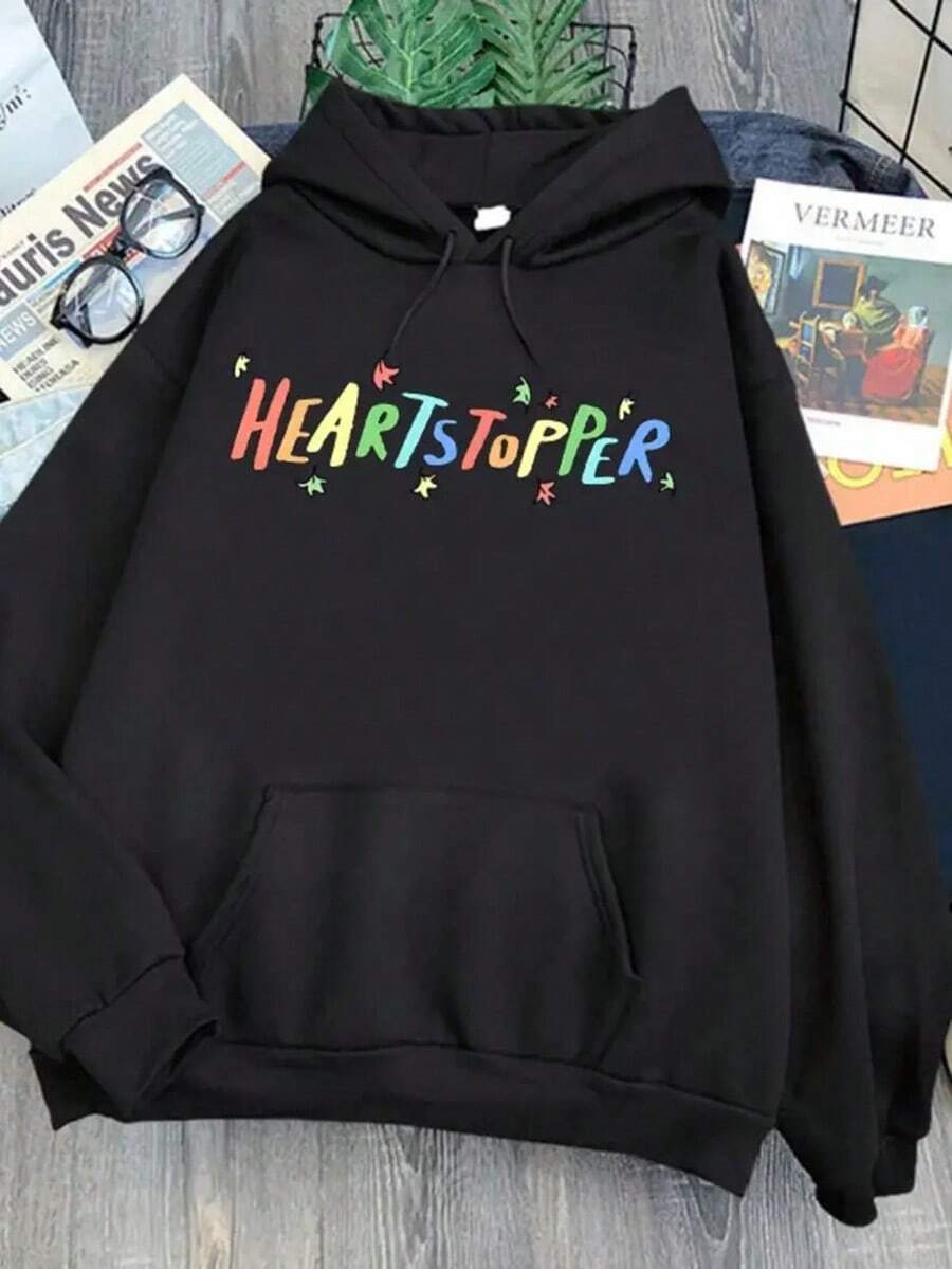 Women's Black Heartsopper Graphic Hoodie - Cute Cartoon Streetwear Pullover With Rainbow Lettering & Star Design, Adjustable Drawstring Hood, Machine Washable Spring/Fall Casual Sweatshirt, Cute Hoodies,Fall Hoodies,Men's Fall Clothes,Street Wear,Halloween,Mens Hoodies,Y2k Clothes,Jesus Hoodie,Thanksgiving Day,Nightmare Before Christmas,Christmas - Black - View 1